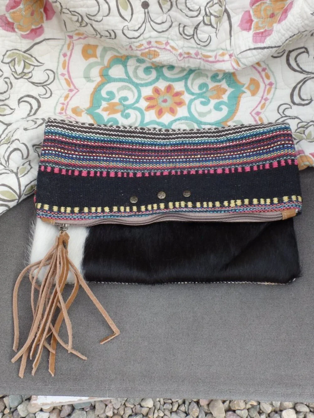 Bhrayna Bag Pony Tribal Design Fold Over Cotton & Leather Clutch